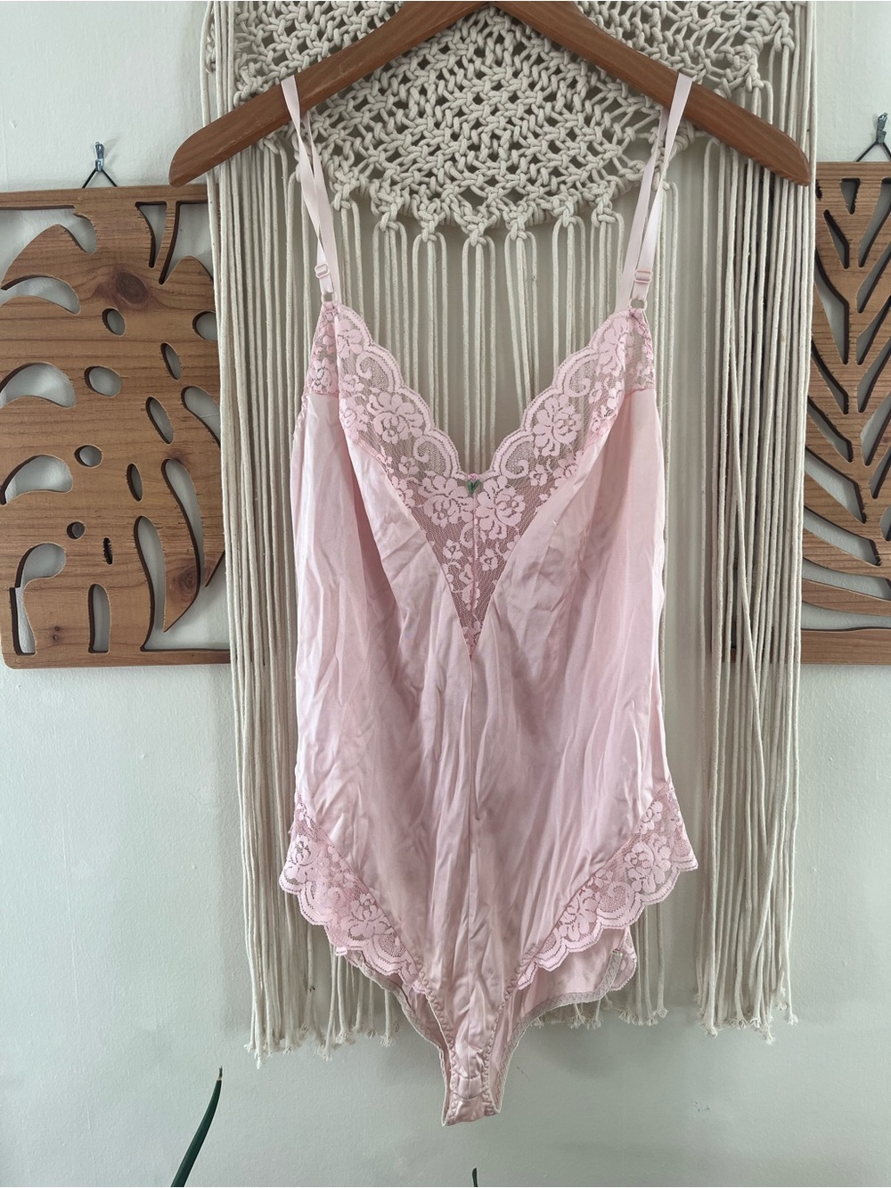 Vintage 80s Pastel Pink Satin & Lace Teddy Bodysuit